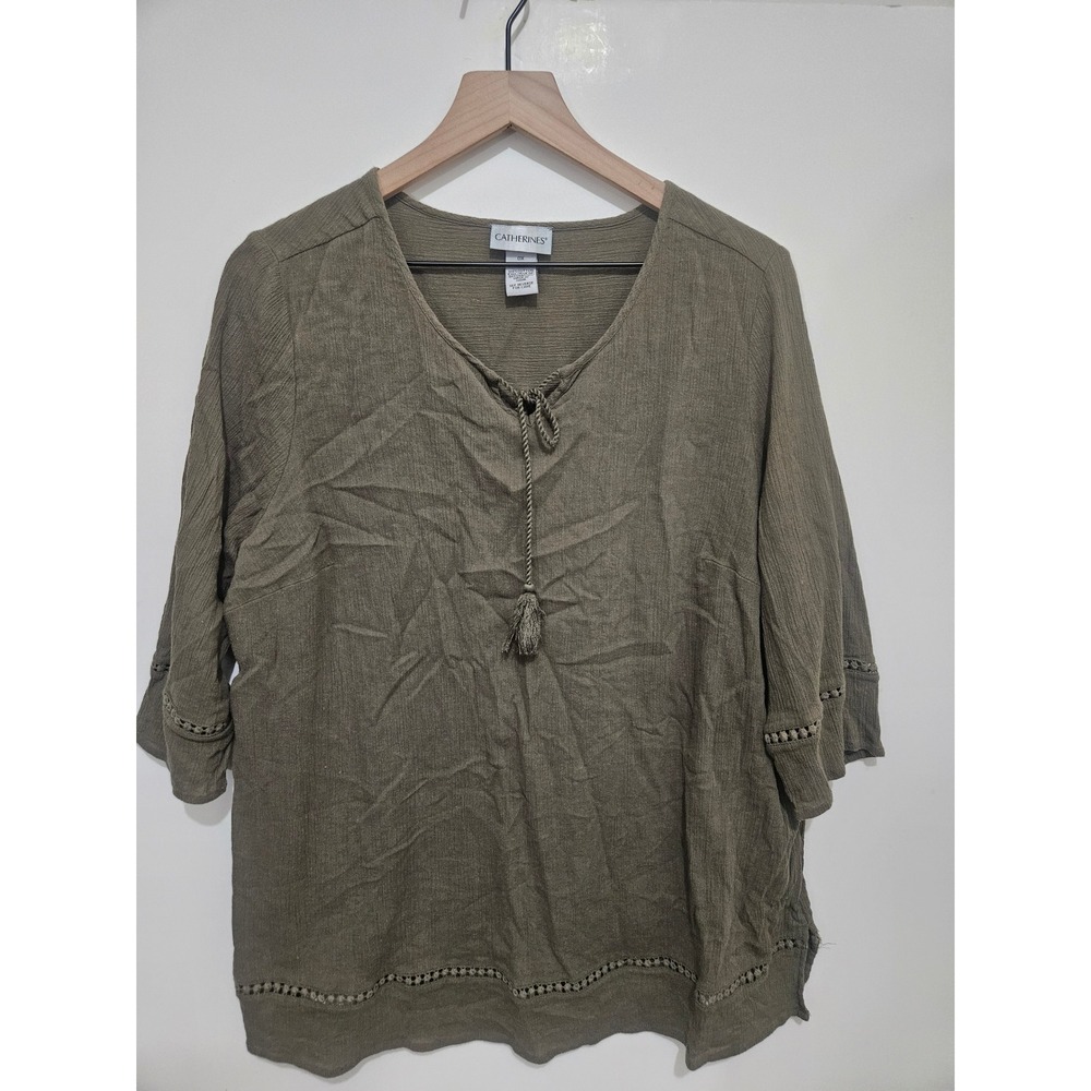 Catherines Olive Green Cotton Gauze Tassel Tie Blouse‎ Crochet Trim Top 0X